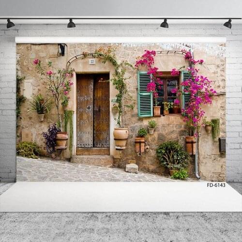 Wooden Door Flowers Potted Wall Street Photo Backdrop Vinyl Photography Background for Children Baby Portrait Photocall Props