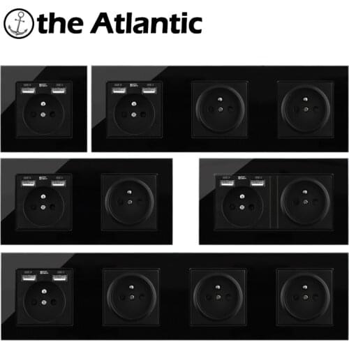 French Socket FR 16A Wall Socket USB Plug Port Home Electrical Outlet Black Glass Frame Poland Czech Belgium Double Triple