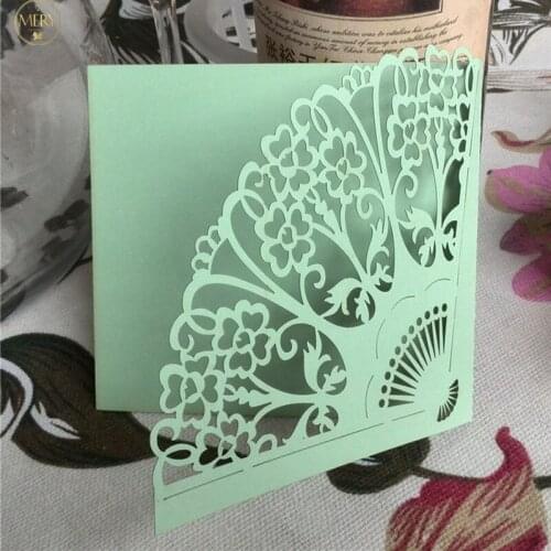 Mint grenn Sear shell laser cut pocket wedding invitation card