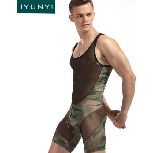 IYUNYI Mens Sexy Underwear Bodysuit Fashion Sexy Man Jumpsuit Wresting Undershirts Shapers Camouflage Ultra Thin Tight Bodysuit