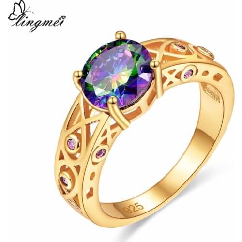 Lingmei New Comes Round Simple Style Multi & Pink Tourmaline CZ GoldRing Size 6-9 Party Women Jewelry Wholesale