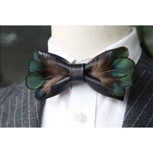 New Free Shipping fashion Mens male 2017 woman necktie Leather feather black bow tie copper chicken year Headdress promotion