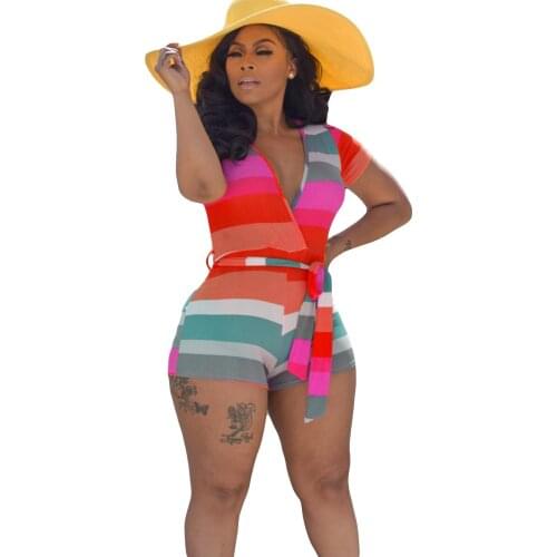 New Arrival Women Playsuit Summer Short Sleeve Rainbow Striped Bodycon Bodysuit Deep V-Neck Waist Belt Short Jumpsuit Romper