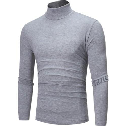 T-shirt Solid Color Long Sleeve Cotton Men Turtleneck Slim Basic Top for Spring Mens Clothing 2021
