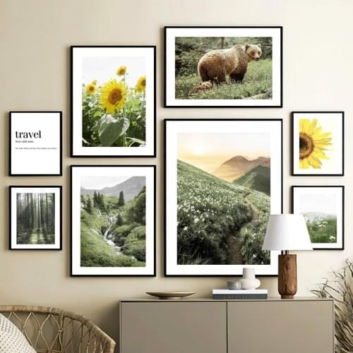 Bear Forest Stream Wildflowers Sunflower Nordic Posters And Prints Green Art Canvas Painting Wall Pictures For Living Room Decor