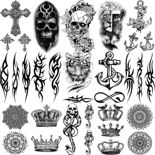 Realistic Tiger Thorns Anchor Temporary Tattoos For Women Kids Adult Men Crown Mandala Cross Skull Fake Tattoo Small Tatoo
