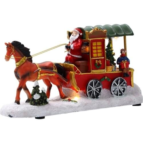 Christmas Horse Carriage Snow Scene Resin Ornament Musical Animated LED Lighted Santa Claus Village Landscape Xmas Holiday F19B