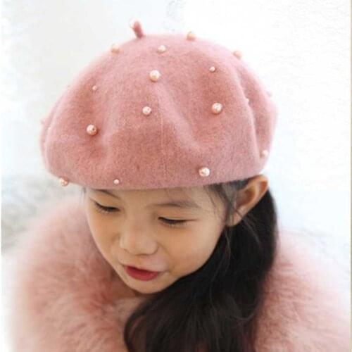 Christmas Discount!! Lovely pearl baby girls berets wool painter cap rabbit hair knitted cap female Winter warm beret hat