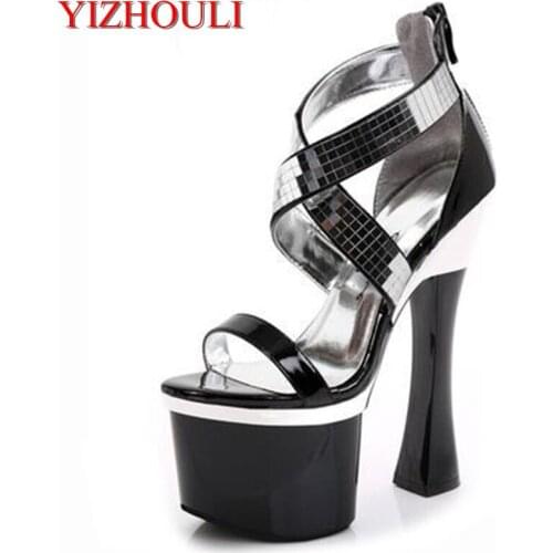 European and American 18 cm square with sandals, beautiful black bright toe sandals, stage show dance shoes