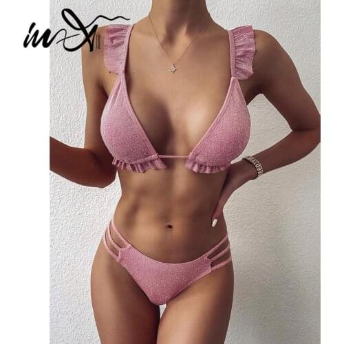 In-X Sexy glitter bikini set Ruffle frill swimsuit female push up swimwear women bathers bandage bathing suit Biquinis swim suit