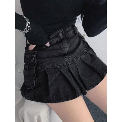 Tossy High Waist Mall Goth Skirts Y2K Black Denim Shorts Skirt Punk Style E-girl Summer Outfits Jean Pleated Skirt Gothic Grunge