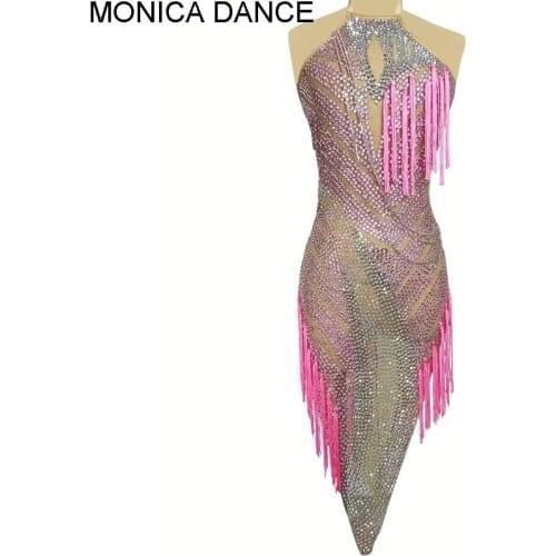 Women Stage Competition Latin Dance Dress Silver Pink Rhinestones Tassel Halter Dress Nightclub DJ Bar Party Performance Costume
