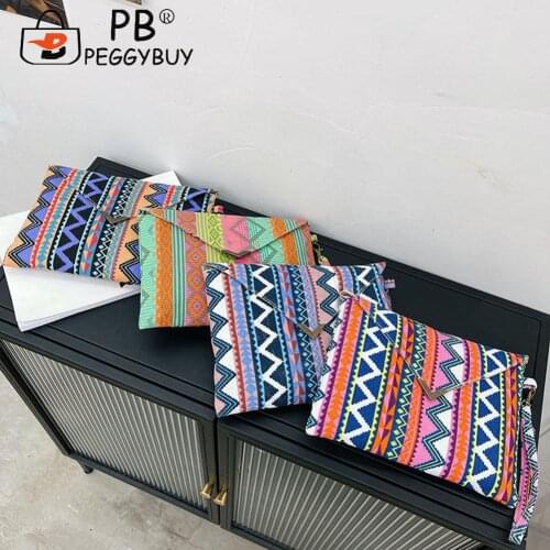 Vintage Women Canvas Ethnic Printing Wristlet Bag Casual Ladies Small Handbags Canvas Bag Shopping Bag Foldable