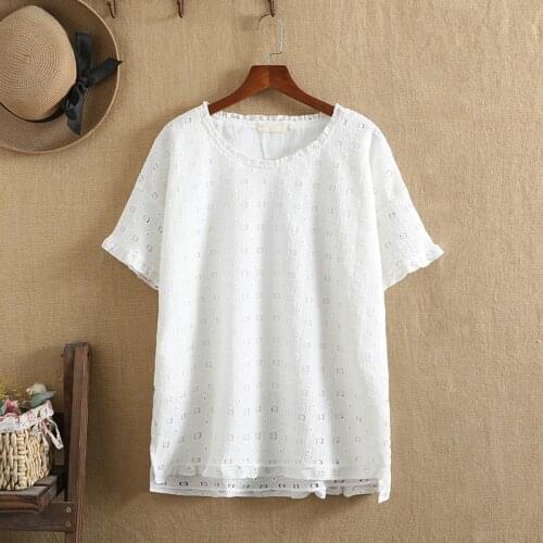 Plus Size Shirt For Women 4XL 5XL Short Sleeves Cotton Crochet Lace Fabric And Chiffon Inner Lining Double-Ply Fabric Summer Top