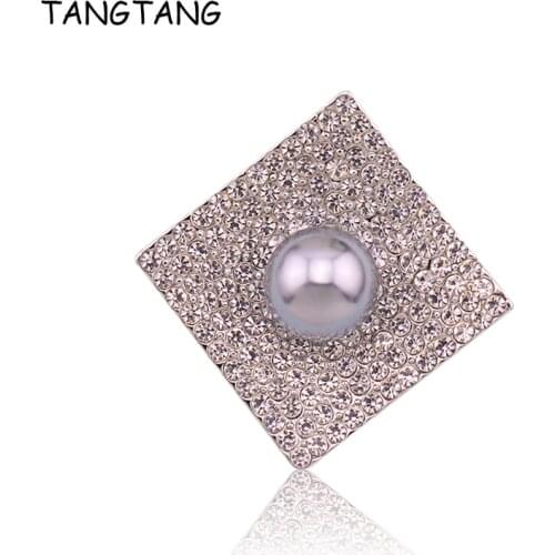 TANGTANG Brooches For Women Simulated Pearl Square Brooch With Rhinestone Pendant Brooch Pin Wedding Decoration Jewelry Pins