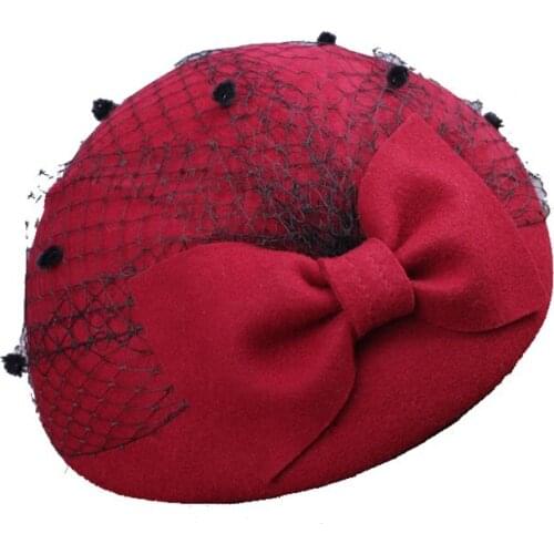 Lady Fedoras Wool Hat Female Veil Woolen Cap Mesh Floral Winter Vintage Felt Party Wedding Cap Ladies Fedoras Floral Hats B-8772