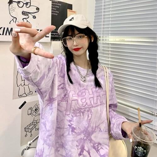 Tie Dye Cartoon Print Shirts Woman Spring Auttum Cute Letter Long Sleeve Oversize Harajuku Casual Loose T-Shirt Tee Top