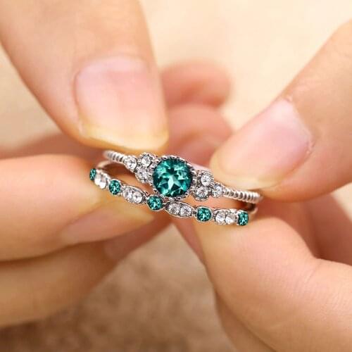 New 2Pcs/Set Rings 2020 New Luxury Green Blue Stone Crystal Rings For Women Sliver Color Wedding Engagement Fashion Jewelry