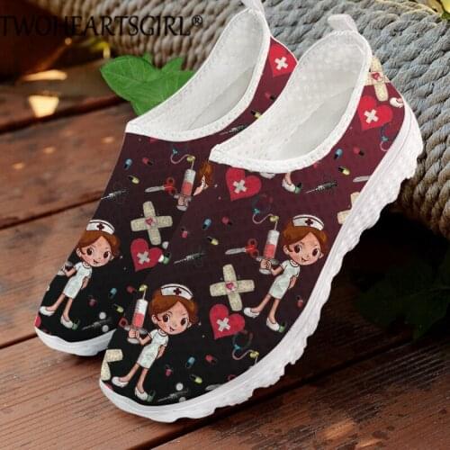 Spring/Autumn Nurse Flat Shoes Women Cute Cartoon Nurses Printed Womens Sneakers Shoes Breathe Mesh Flats Zapatos de Mujer