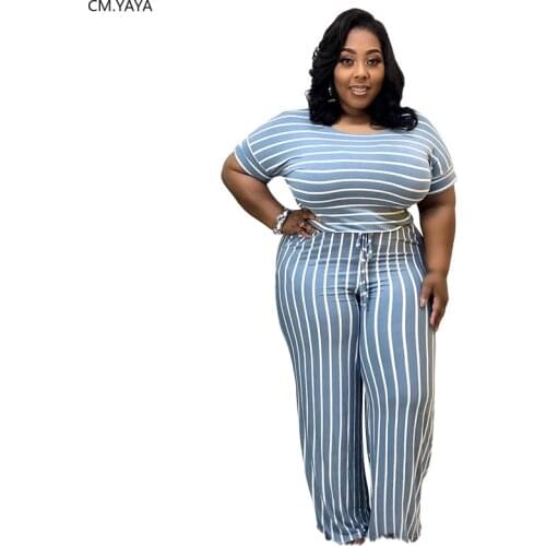CM.YAYA Women Plus Size S-5XL Striped O-neck Short Sleeve Straight Jumpsuit Fashion Streetwear One Piece Overall Rompers
