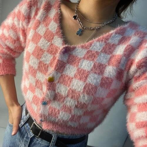Women Knit Crop Tops Fuzzy Long Sleeve V Neck Checkerboard Print Button Down Sweater Pink