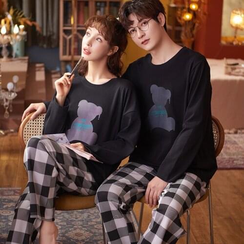Winter Fashion Black Long Sleeve Couple Pajamas Set Cute Gradient Bear Cartoon Lovers Sleepwear Casual Plaid Long Pants Homewear
