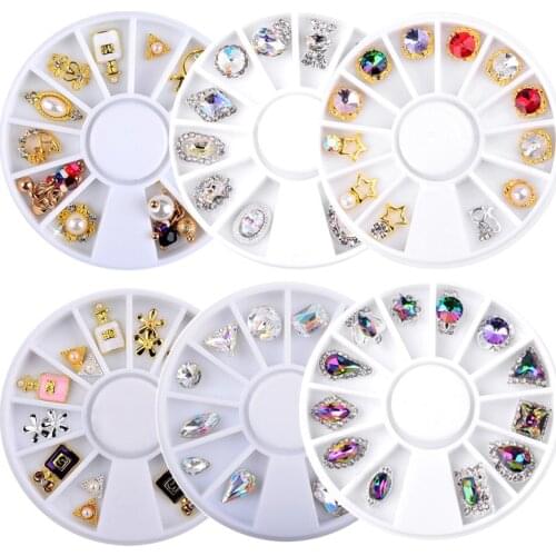 1 Box AB Colorful Alloy Nail Art Decorations Luxury Glitter Rhinestones Mixed Bow Flowers Triangle Tips Accessories Nail Wheels