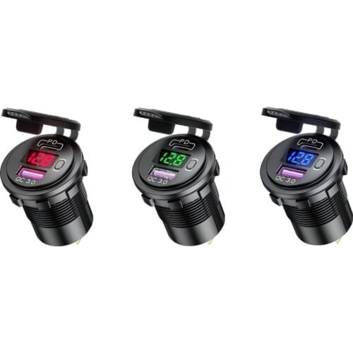 12V 24V Type C PD QC3.0 USB Car Charger Fast Charging Socket Power Outlets with Voltmeter Switch for Motorcycles Marines