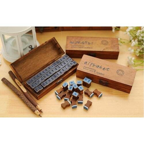 42PCS/set Funny Handwriting Alphabet letter Wooden Stamp Set DIY Decorative Stamp wooden box