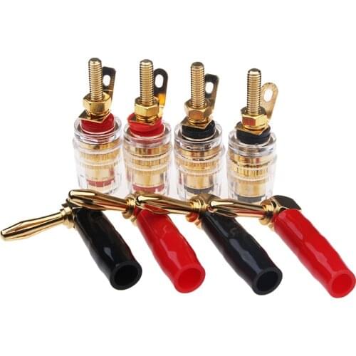 8Pcs 24k Gold Plated 4mm Red/Black L Type Banana Plug Audio Speaker Cable Connector Speaker Terminal Binding Post