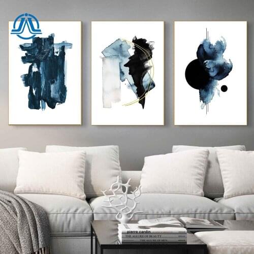 Indigo Blue Abstract Poster Golden line Canvas Painting Watercolour Wall Art Print Nordic Modern Pictures For Living Room Decor