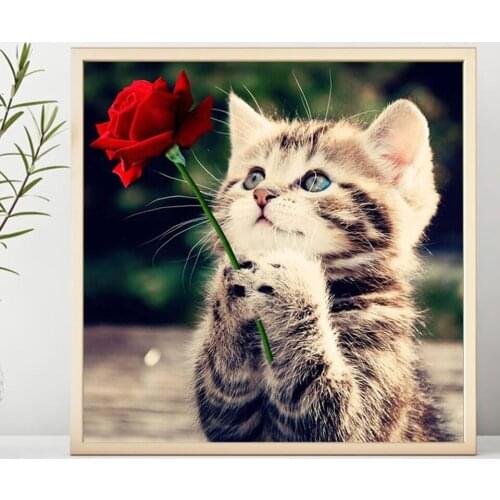 5D DIY Diamond Painting Cat Rose Cross stitch Kit Full Drill Square Embroidery Art Mosaic Picture of Rhinestones Home Decor Gift