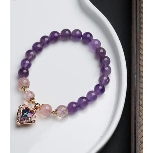 Natural Stone Amethysts Quartz Bead Bracelet Energy Light Purple Gem Stone Heart of the Sea Pendant Bracelet Women Yoga Jewelry