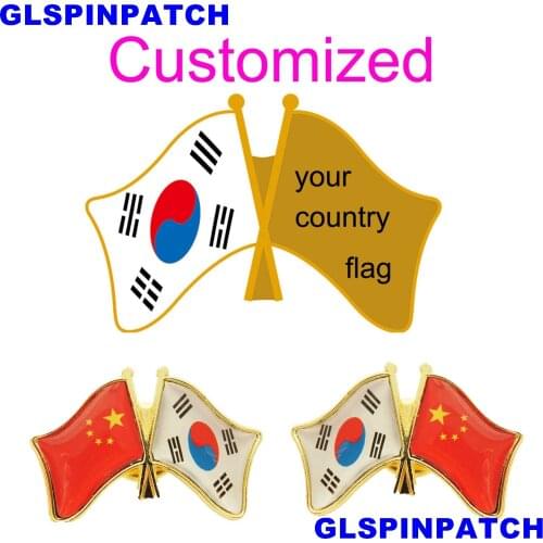 South Korea Crossed Friendship Flag Double Country lapel pin Brooch USA UK France Chile Russia Saudi Arabia Japan Spain Badge