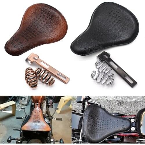 Black/Brown Motorcycle Crocodile Leather Cushion Spring Solo Seat For Harley Sportster Honda Rebel 250 300 500 Refit Bobber
