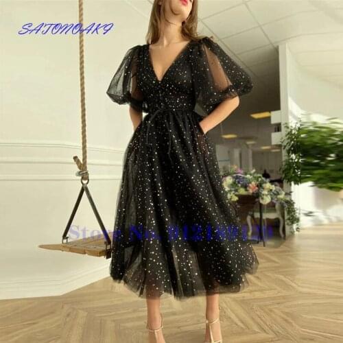 Black Tulle Short Prom Dresses Puff Sleeves V Neck Tea Length Formal Party Gowns With Pockets Vestidos De Fiesta Robe De Soiree