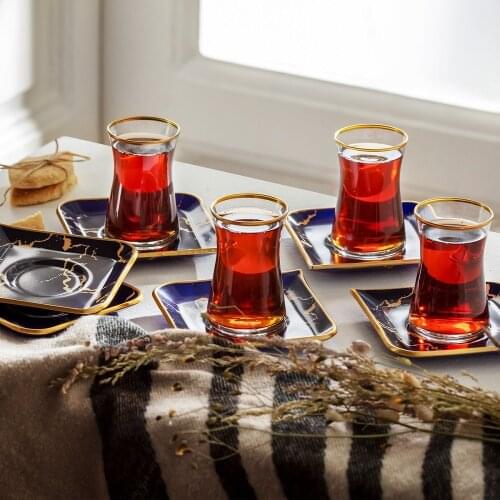 Karaca Drop Gilded Marble Pattern Navy Blue Cup Glass Drinkware 12 Piece Tea Set for 6 People