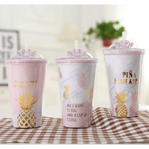 Pink Pineapple Coffee Mugs Portable Tea Milk Juice Cup Water Bottle Travel Mug with Straw 420Ml Pink Creative Printed Mug