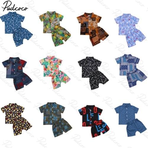 2021 Baby Summer Clothing Baby Boys Patchwork Clothes Beach Short Sleeve Suit + Shirt + Shorts, Chic Print Elastic Waist Coloful