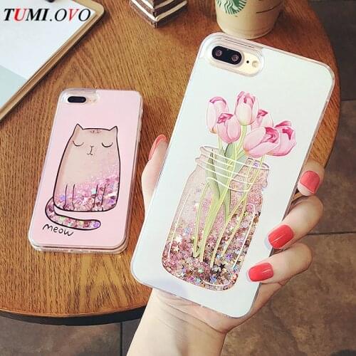 Cartoon Cat Flower Vase Girl Love Heart Glitter Stars Dyanmic Liquid Quicksand Soft TPU Phone Back Cover For iPhone 6 6S 7 Plus