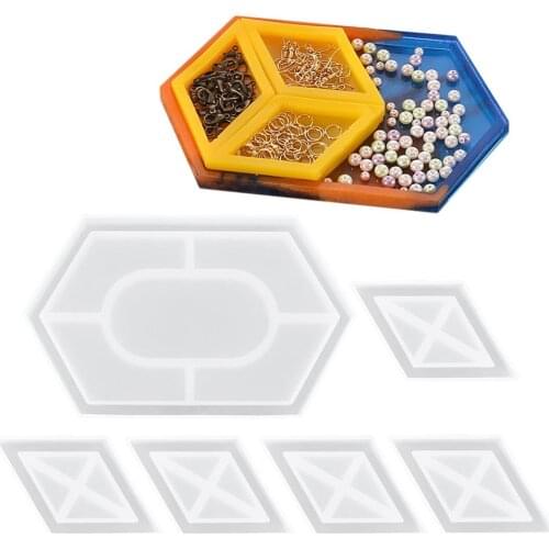 6Pcs Coaster Jewelry Storage Tray Silicone Resin Molds Set Hexagonal Coaster with 5 Rhombus Grid DIY Craft Making Home Decor