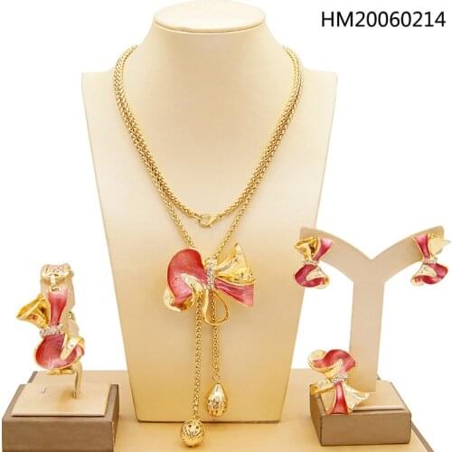 Yulaili Dubai Gold 24K Jewelry Sets for Women African Bridal Wedding Gifts Party Necklace Bowknot Earrings Ring Bracelet Set