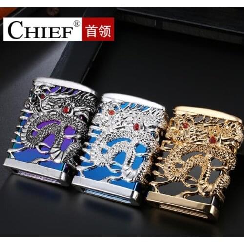 Chief New Dragon Carving Flint Lighter Retro Metal Weel Kerosene Lighters Unique Gasoline LIghters Windproof Men Smoking Lighter