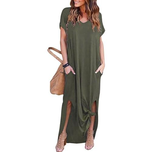 2018 Summer Women Short Sleeve V Neck Casual Slit Hem Solid Party Beach Maxi Long Dress Brief Black Vestido Plus Size