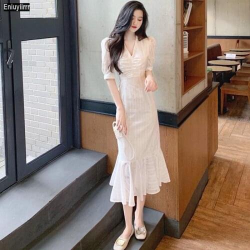 Office Lady Woman Dress Lace V-neck High Waist Short Puff Sleeve White Fishtail Elegant French Chic Mid-length Vestidos