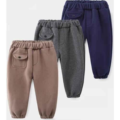 2020 Winter New Baby Boy Pants Childrens Casual Solid Pocket Elastic Waist Pants Kids Thick Plus Velvet Warm Trousers for Boy
