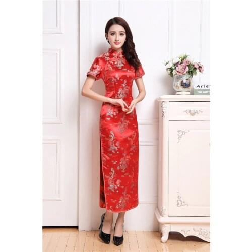 Shanghai Story Chinese Traditional Clothing Satin chinese style dresses long Cheongsam Short Sleeve Dragon Qipao For Women