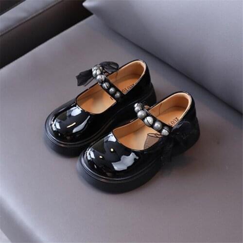 Boutique Children Girls Leather Shoes 2021 Fall Fashion Pearl Bow Princess Shoes Cow Patent Leather Girls Wedding Party Shoes