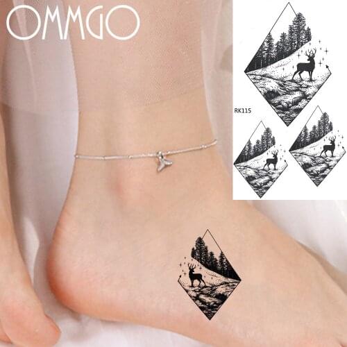 OMMGO Geometric Rhombus Temporary Tattoos For Women Fake Tattoo Stickers Waterproof Black Forest Deer Arm Tatoos Body Art