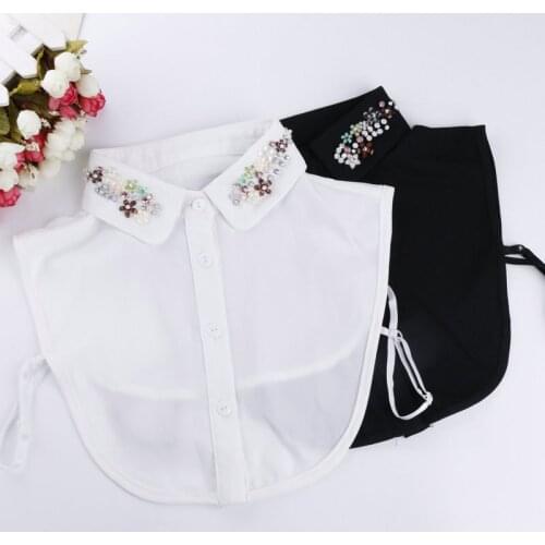 Women Collar Neckline Chiffon Crystal Floral Shirt Fake Collar Rhinestone Beaded Peter Pan Lapel False Detachable Collar Blouse